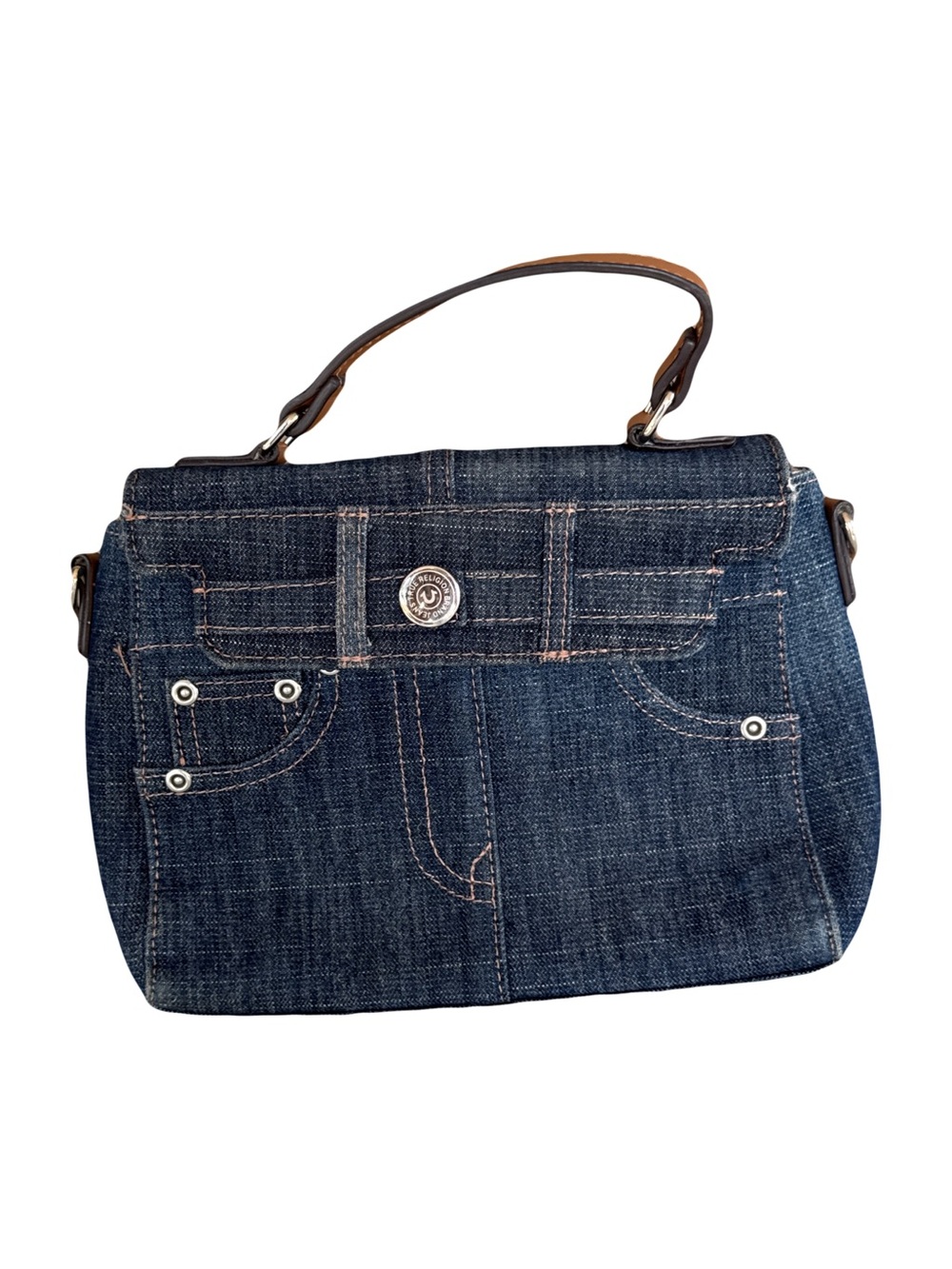 True Religion Blue Denim Crossbody Bag with Tan Handle - Picture 3 of 6